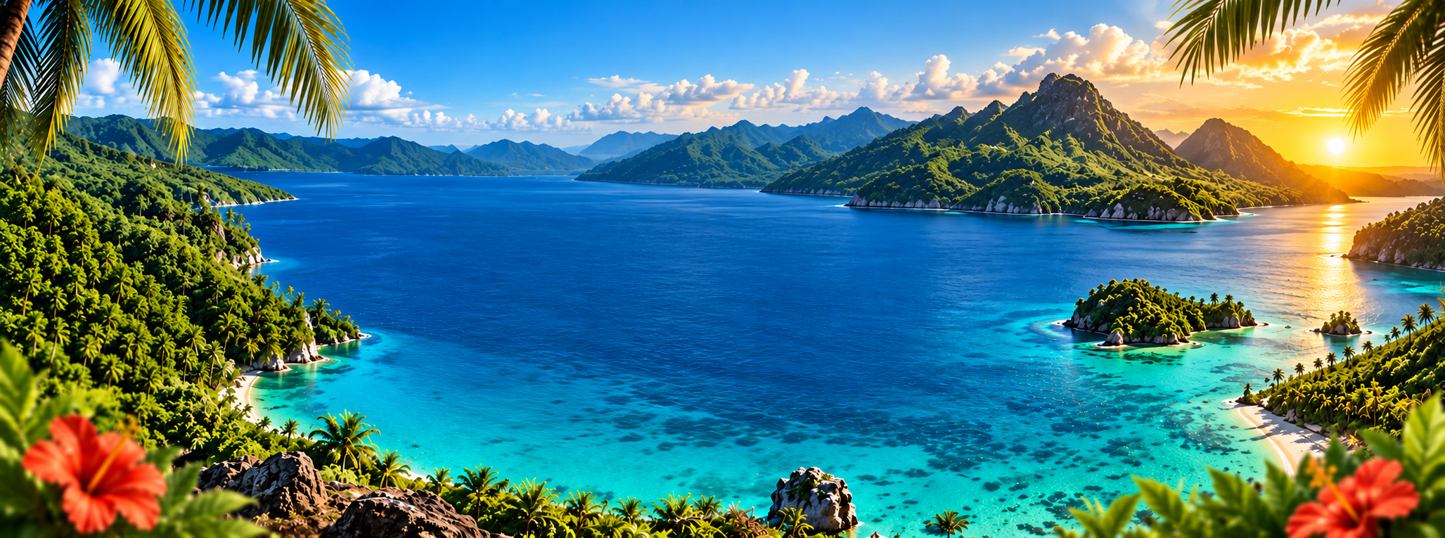 Turquoise Vanuatu lagoon surrounded by lush islands and mountains at sunset